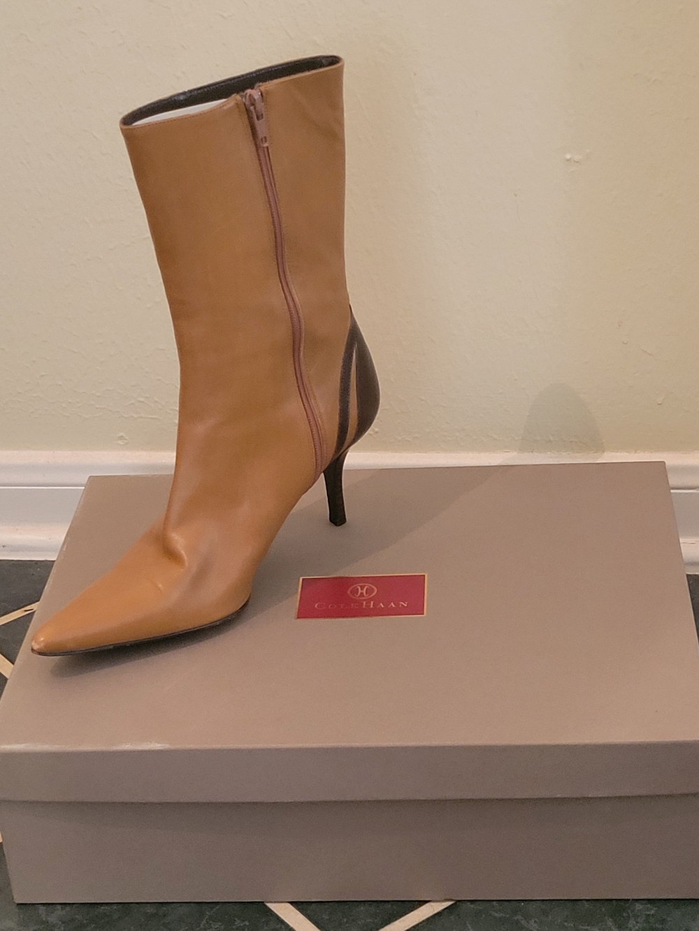 Cole Haan Two-Tone Tan and Dark Brown Pointed Toe Mid-Calf Boot